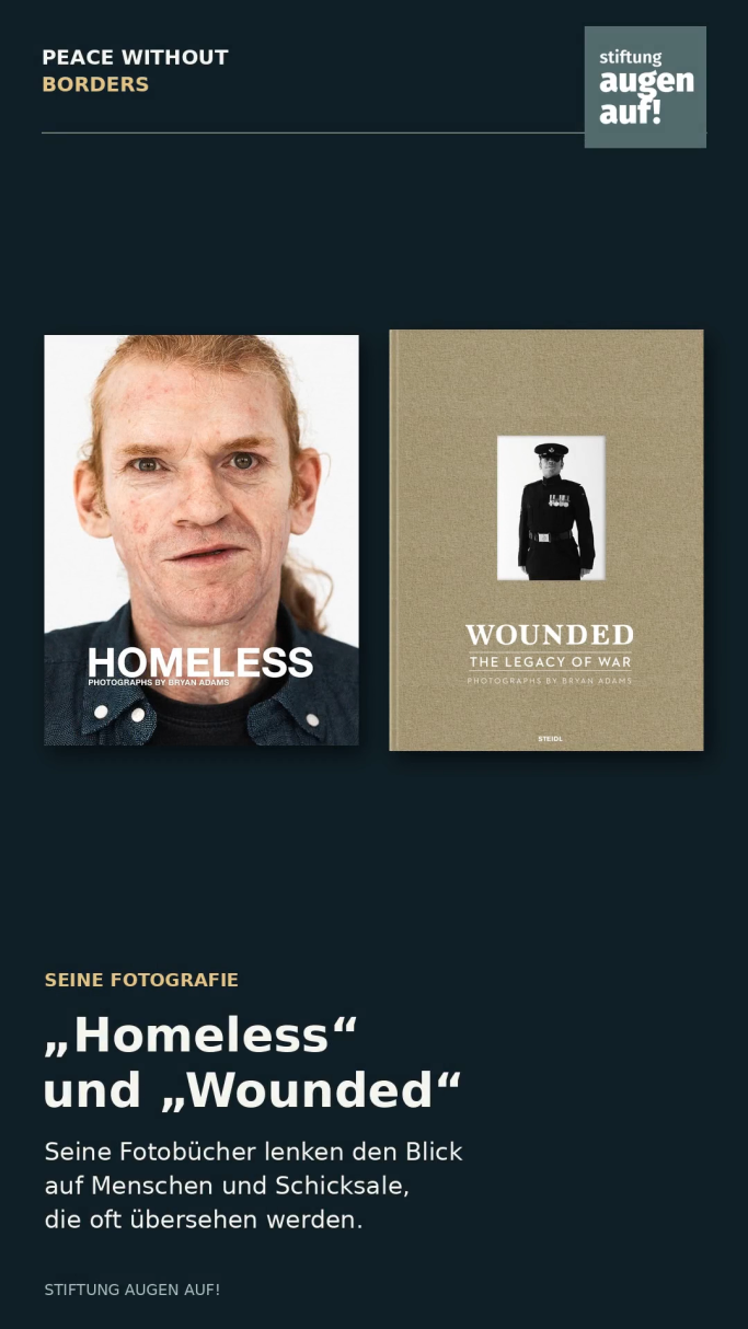 Bildbände "Homeless" und "Wounded" von Bryan Adams